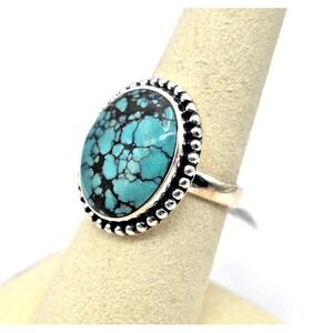 Tibetan Turquoise Ring Size 7.5 Oval Sterling Silver 925 Handmade Roped Beauty